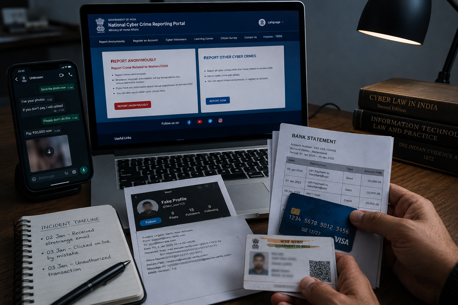 Illustration representing gathering evidence and documents to file a cyber crime complaint